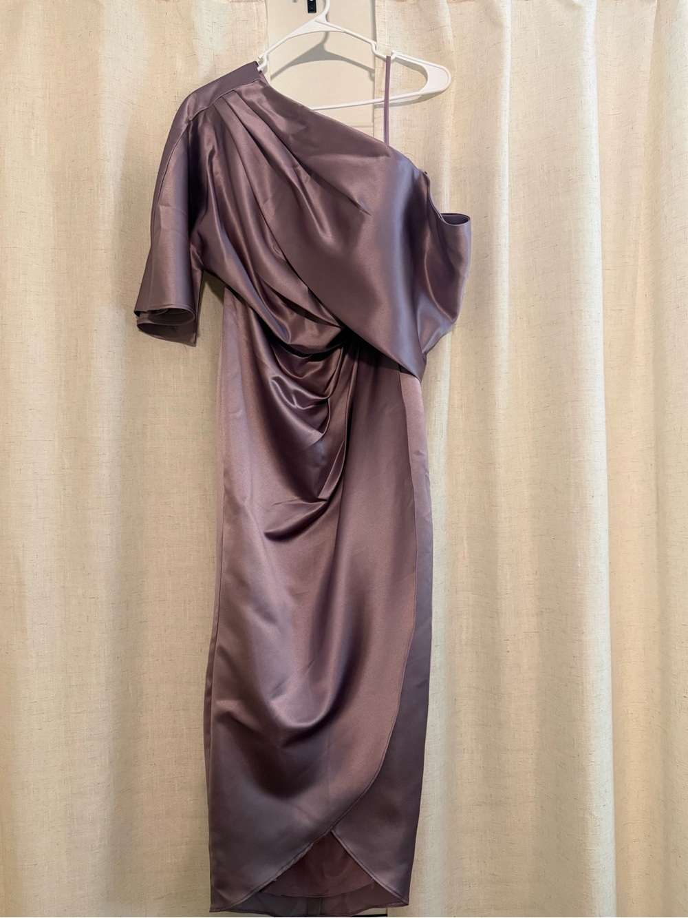 One-Shoulder Satin Midi Dress in Dusty Mauve